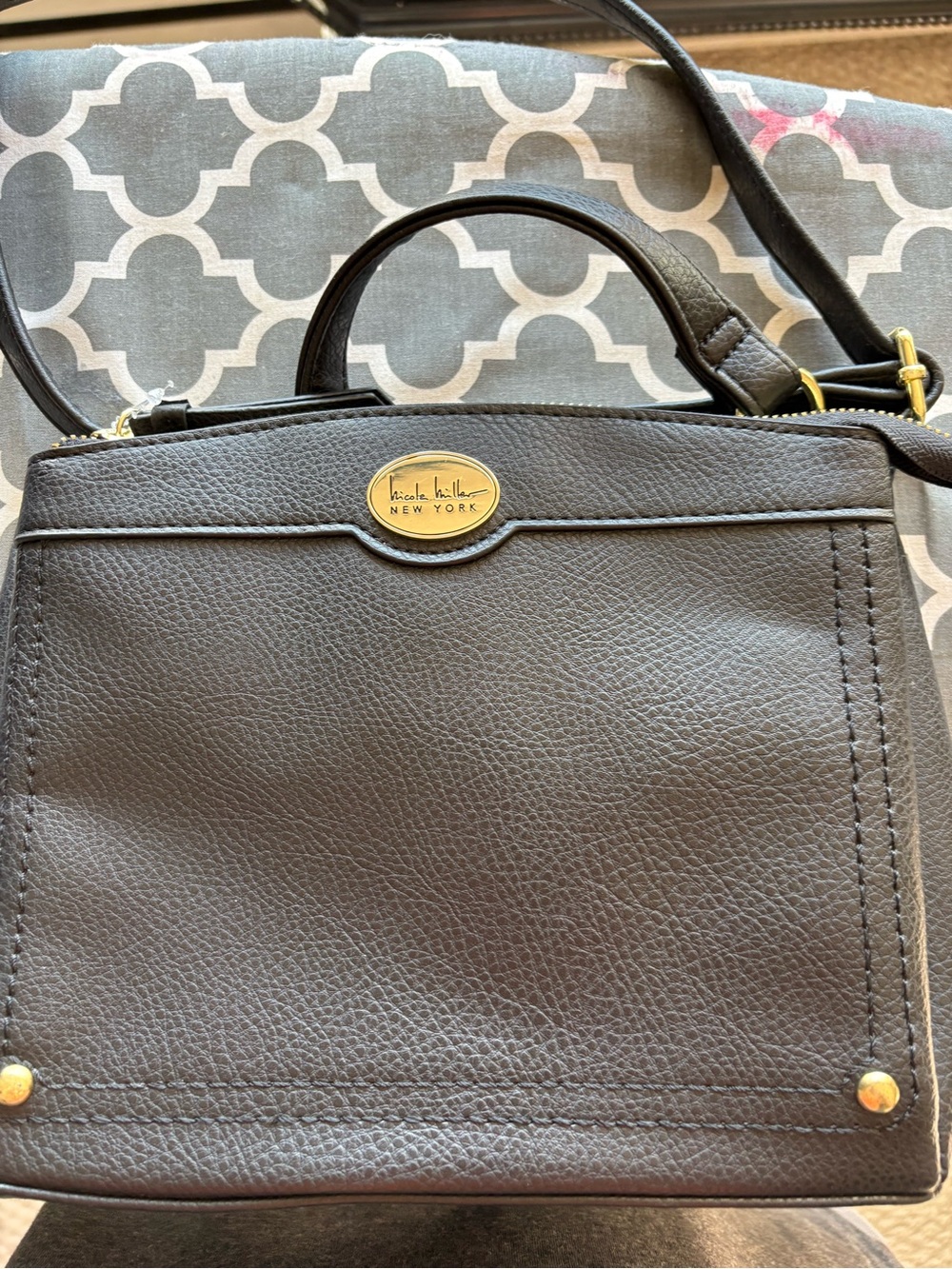 Nicole Miller Black Pebbled Leather Top-Handle Satchel with Gold Hardware